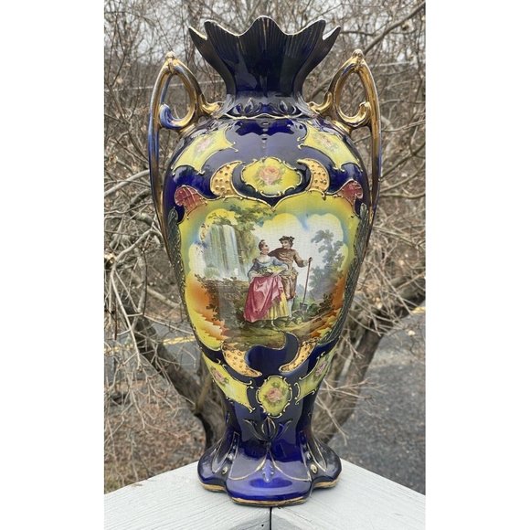 18 3/8" LARGE Antique Ceramic Vase 'Dudley' Transfer Print Cobalt Blue Gilt - Picture 7 of 16